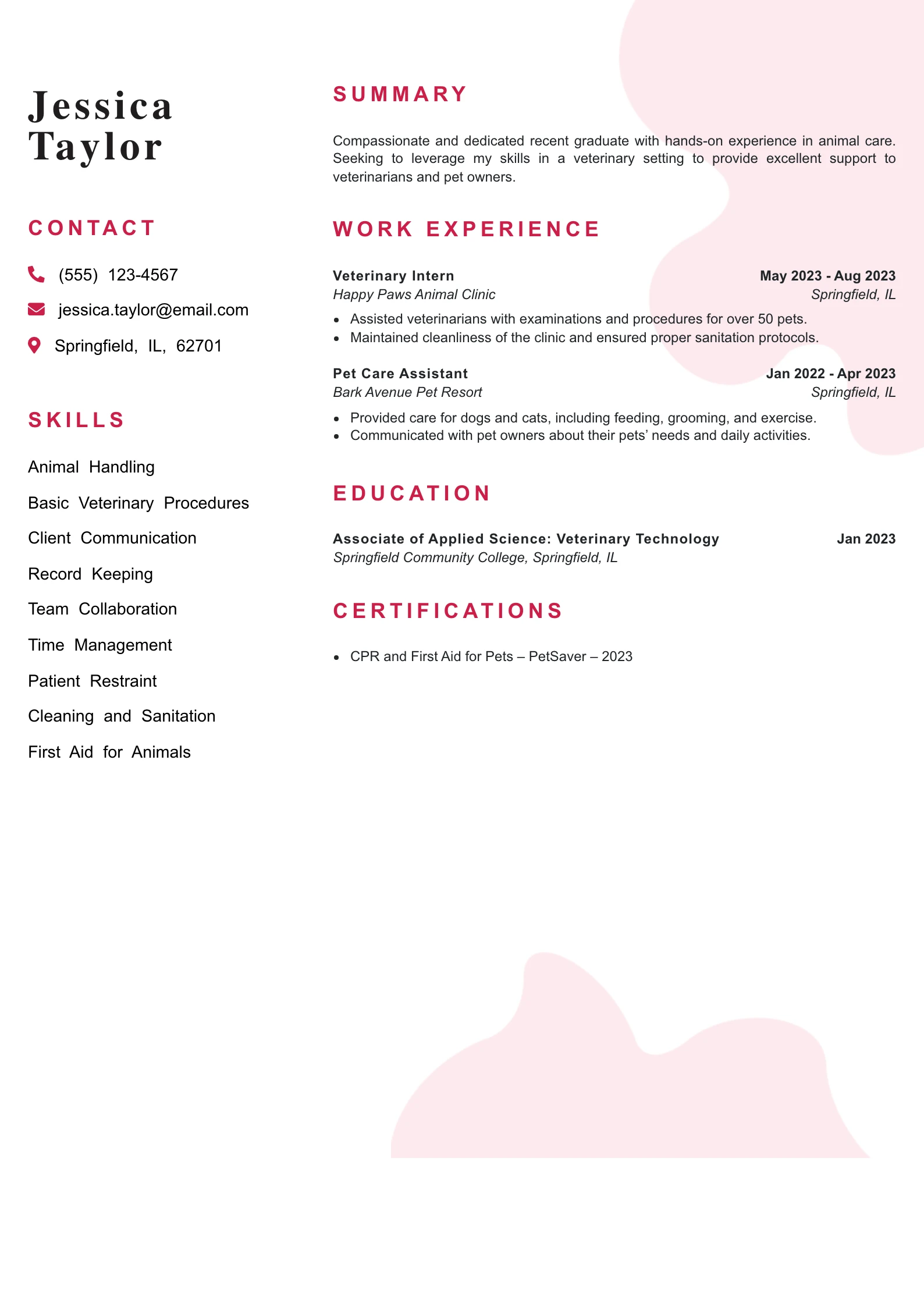 Entry Level Veterinary Assistant Resume Example
