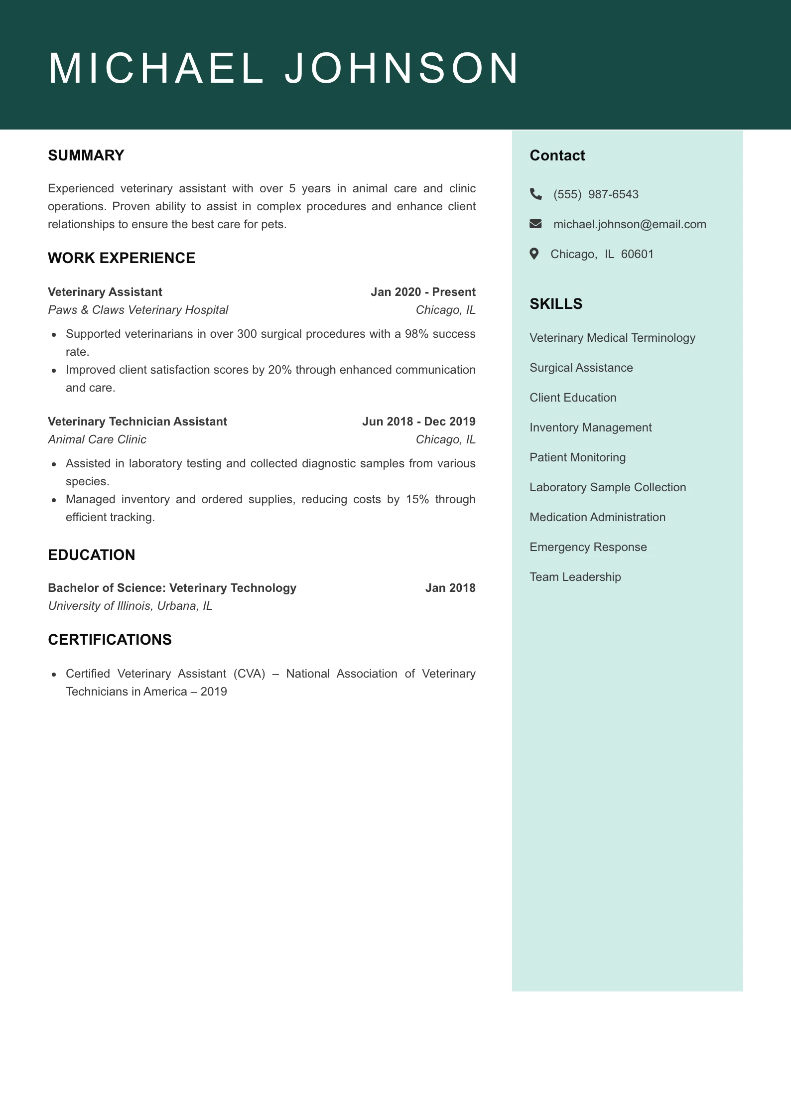 Mid Level Veterinary Assistant Resume Example