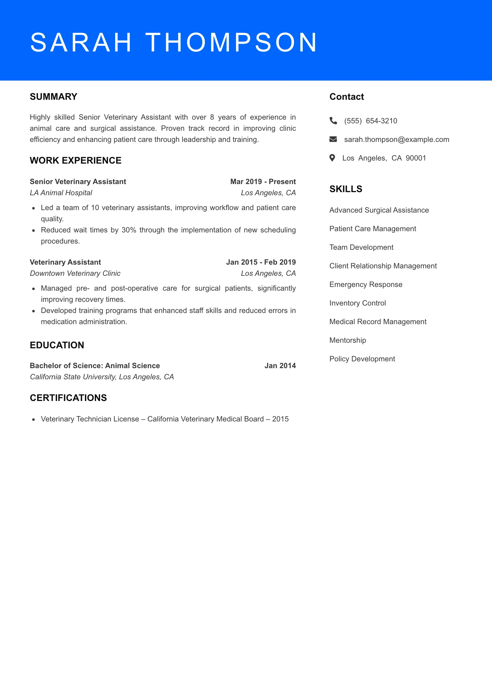 Senior Level Veterinary Assistant Resume Sample