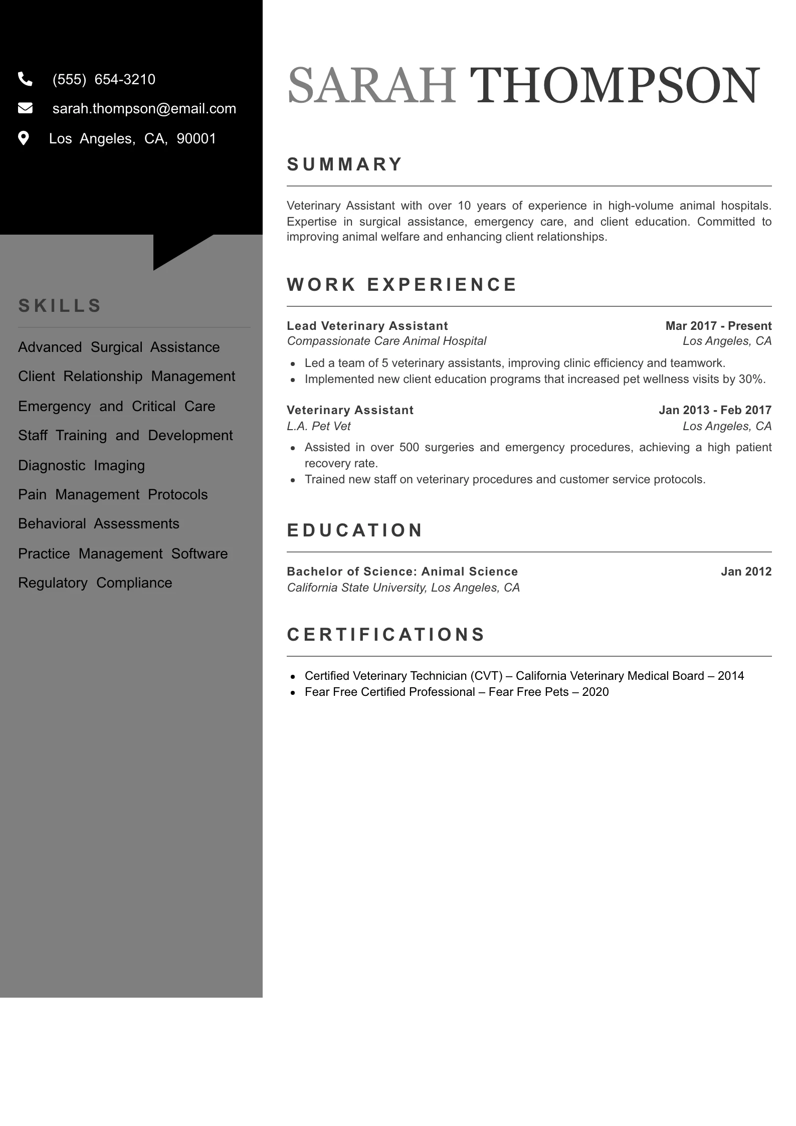Senior Level Veterinary Assistant Resume Example